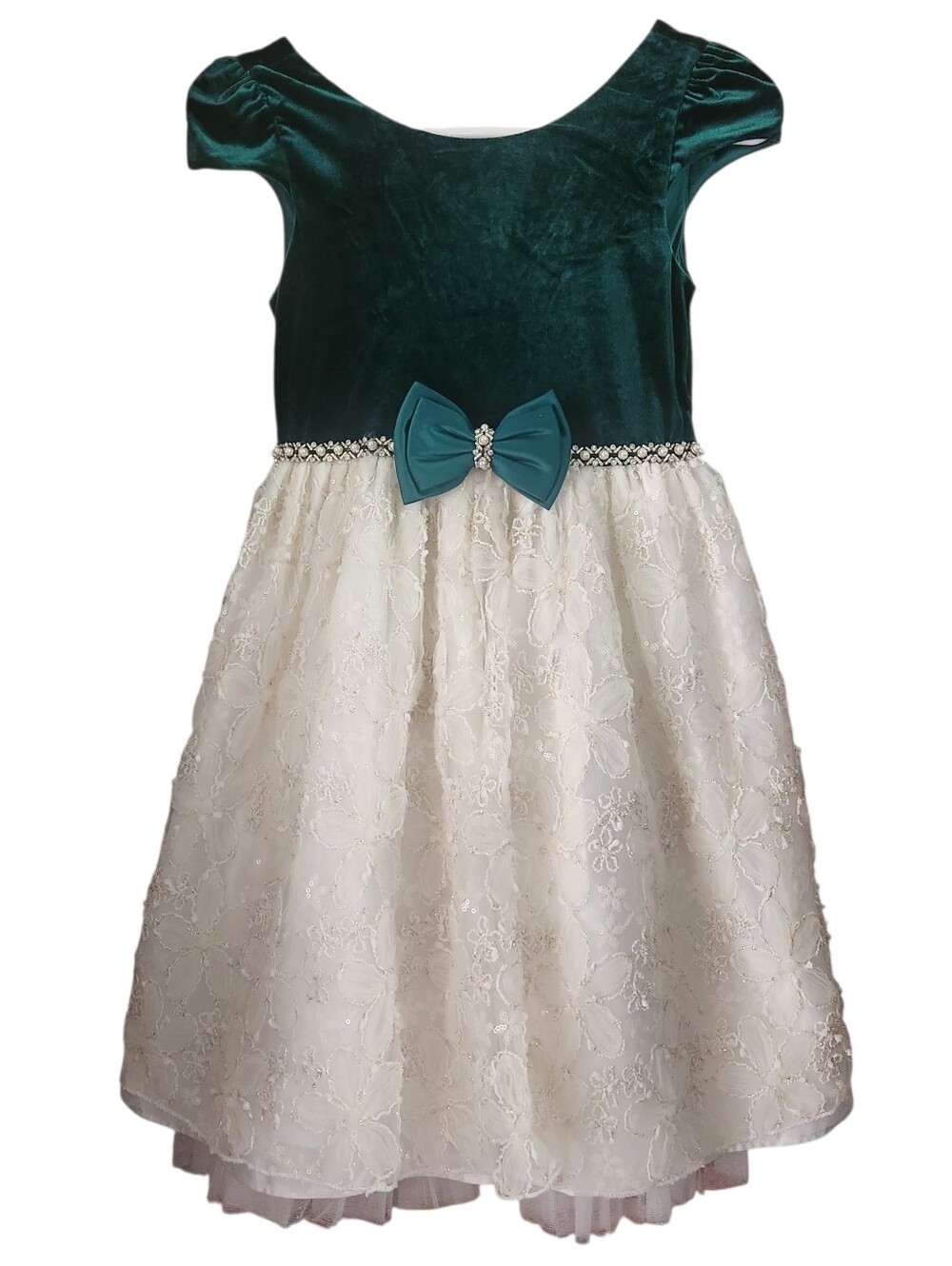 Couture Princess Emerald Green Velvet & Ivory Lace Bow Dress Size 10
